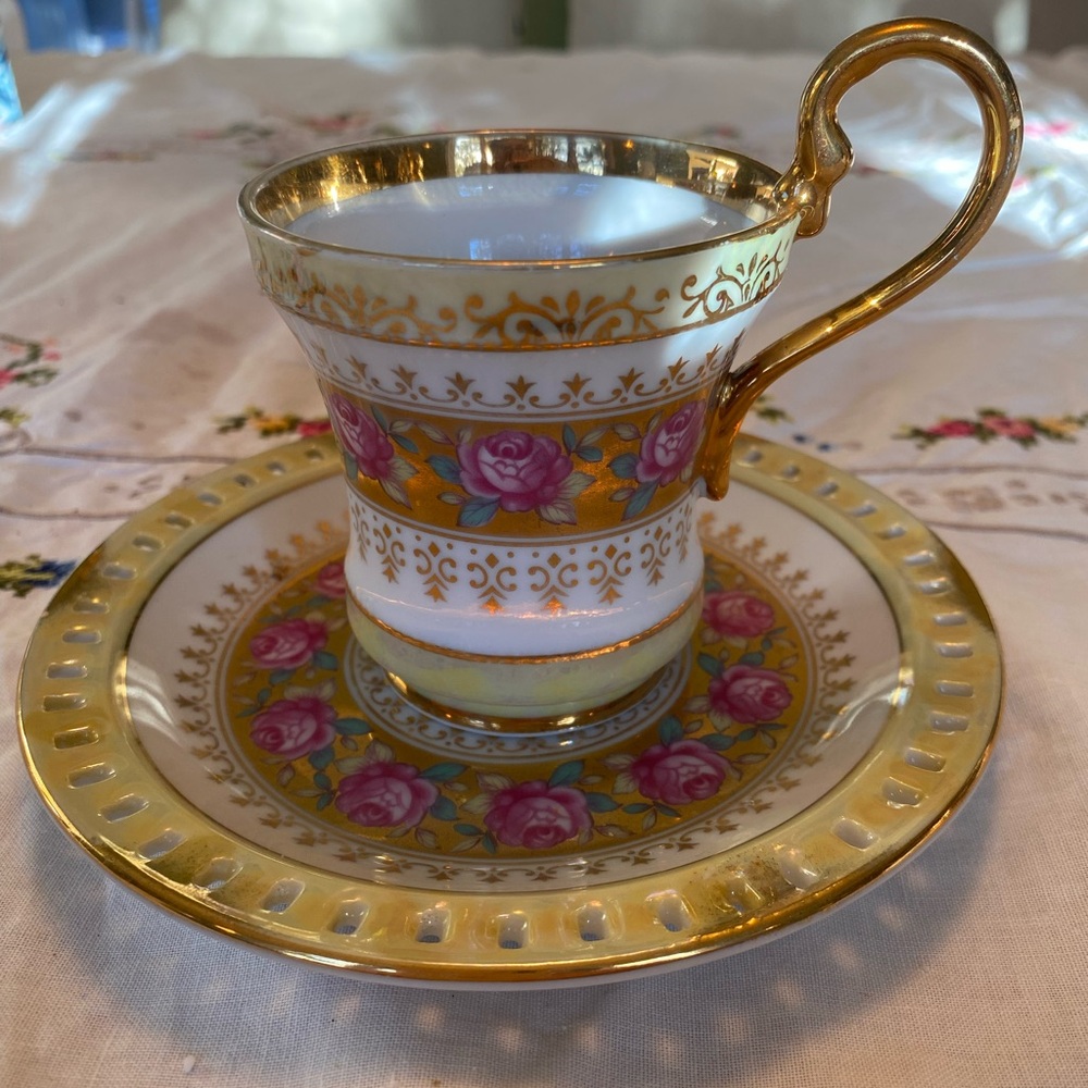 Elegant Gold and Pink Floral Teacup and Saucer Set Hand painted antique rare